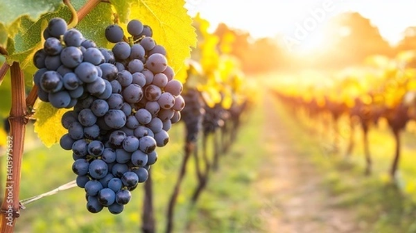 Fototapeta A cluster of ripe dark grapes hangs from a vine in a vineyard at sunset