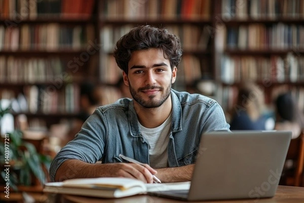 Fototapeta Latin student guy sitting in front of laptop and holding copybook, showcasing focused and traditional study approach with modern tools in library, Generative AI