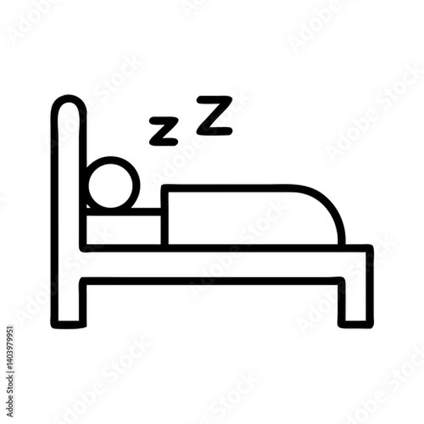Obraz Minimalist black line icon of sleeping person in bed with blanket and Z symbols, rest or hotel sleep symbol for travel design