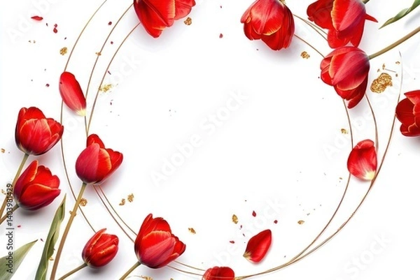 Fototapeta a vibrant circle frame adorned with red tulips and golden accents, fresh and modern, isolated on white background