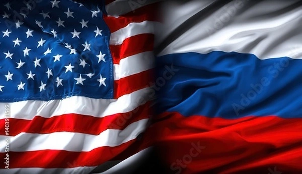 Fototapeta USA and Russia flags intertwined, symbolizing diplomatic relations.