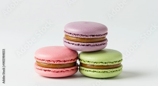 Obraz A stack of three colorful macarons with filling on a plain white background in a studio setting
