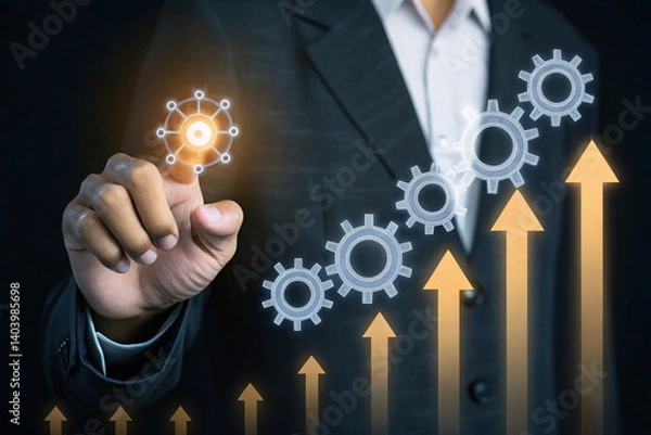 Obraz Business Growth Concept – Glowing Gears and Upward Arrows with Businessman Touching Interface