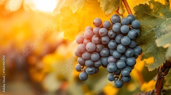 Fototapeta A cluster of plump, dark purple grapes hangs from a vine, bathed in golden sunlight. Autumn leaves and vines fill the background