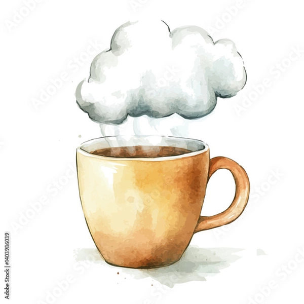 Fototapeta Coffee Mug With Cloud-shaped Steam, vector watercolor illustration, isolated on a white background.