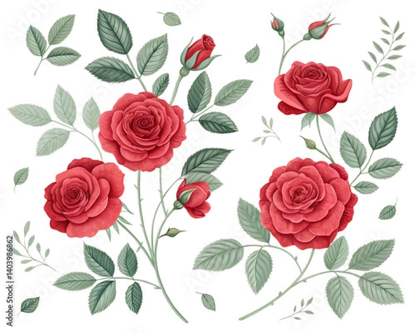 Fototapeta Illustration of Collection of Red Roses and leaves isolated on transparent background
