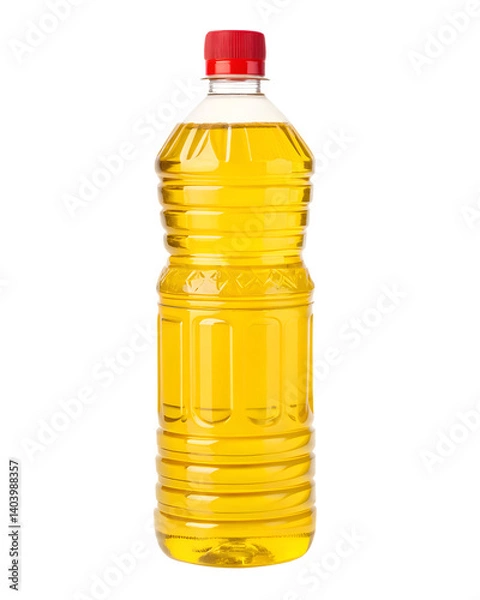 Fototapeta A Yellow cooking oil bottle with red cap isolated on whit Background, isolated on a transparent background