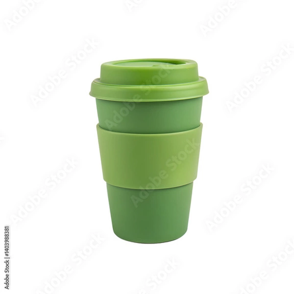 Fototapeta A green reusable coffee cup with a silicone sleeve., isolated on a transparent background