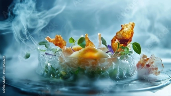 Fototapeta An avant-garde molecular cuisine dish featuring a transparent ravioli filled with a liquid herb infusion, served with a side of edible smoke.