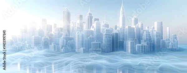Fototapeta Cityscape Visualization with Building Wireframes and Wave Effect