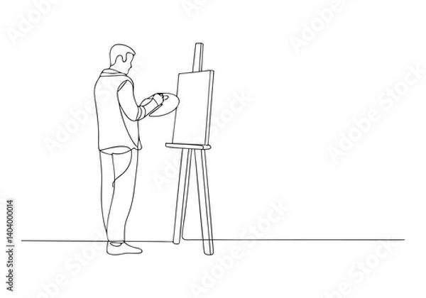 Fototapeta One continuous line drawing of a male painter artist standing and painting artwork on canvas in minimalist style

