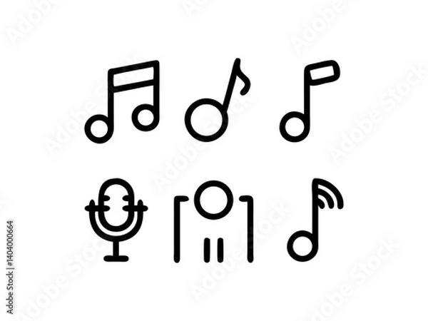 Fototapeta Simple Line Art Music Icons and Instrument, Music day, This graphic features a collection of black line art icons representing musical notes and a guitar.