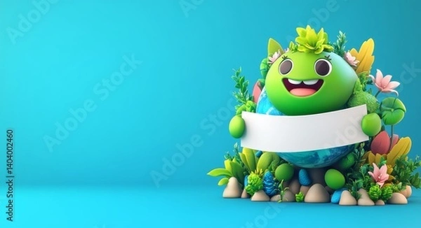 Fototapeta A cartoon illustration of Earth with trees and flowers, holding a white banner on a blue background. A happy Earth character is surrounded by nature elements, with a blank sign available for text