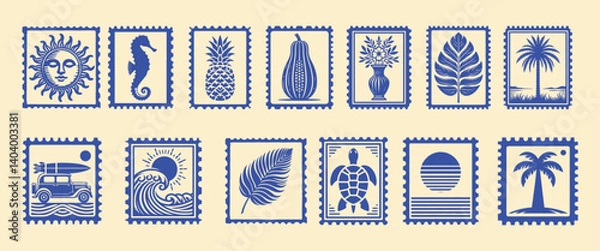 Fototapeta Summer tropical print set, vector hand drawn exotic surf vintage sticker, ocean Hawaii travel stamp. Vacation postcard design, sun symbol, palm tree, sea wave. Nautical logotype, summer print label 