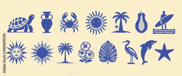 Fototapeta Summer surfboard icon set, vector hand drawn tropical ocean collection paradise vacation beach shape. Hawaii sea wave retro logotype, dolphin silhouette, abstract island symbol. Summer surfboard kit