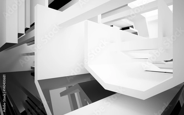 Fototapeta Abstract white interior with glossy black geometric shapes. Architectural background. 3D illustration and rendering