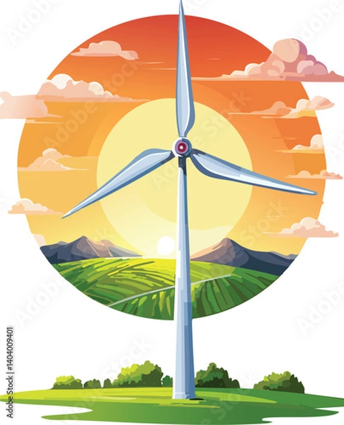 Fototapeta Wind Turbine Silhouette Against Vibrant Sunset Background, Renewable Energy Vector Isolated, Clean Power Transition Symbol, Eco-Friendly Future Landscape