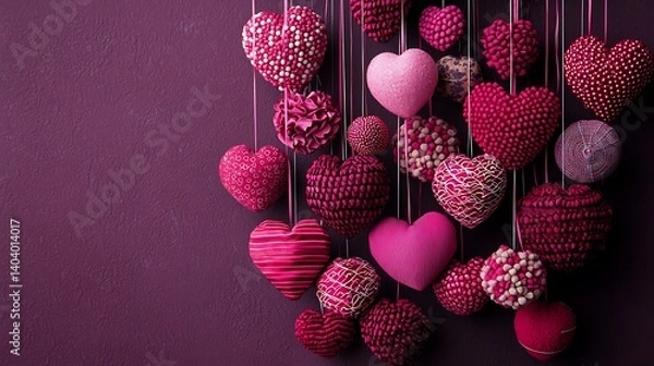 Fototapeta Vibrant Hanging Hearts in Various Textures and Designs on Purple Background
