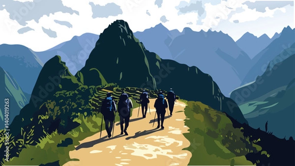 Fototapeta Trekking the Inca Trail on a Guided Tour.eps