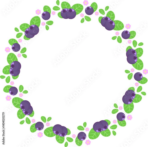 Obraz Blueberry wreath with pink flowers and green leaves. Bilberry wreath. Border. Frame. Vector illustration.