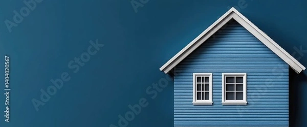 Obraz Blue house with white trim, two windows, on a simple blue background