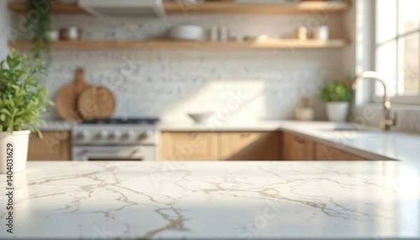 Fototapeta Marble countertop in modern kitchen. Blurred white interior, blank space for product display. Kitchen design with light, focus on counter surface for food, drink, decor presentation. Empty table