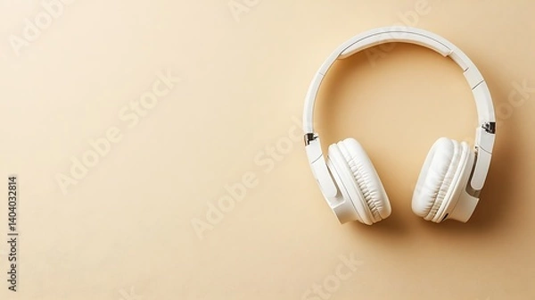 Obraz White headphones on beige background for podcast use