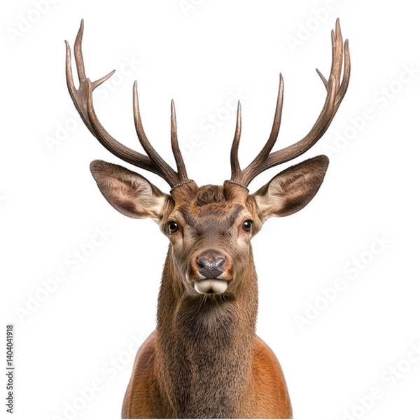 Fototapeta majestic deer with large antlers stands facing forward, showcasing its impressive and symmetrical antler structure. deer alert expression and detailed fur texture are captured beautifully
