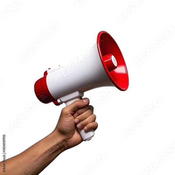 Obraz A hand holding a red and white megaphone isolated on transparent background.