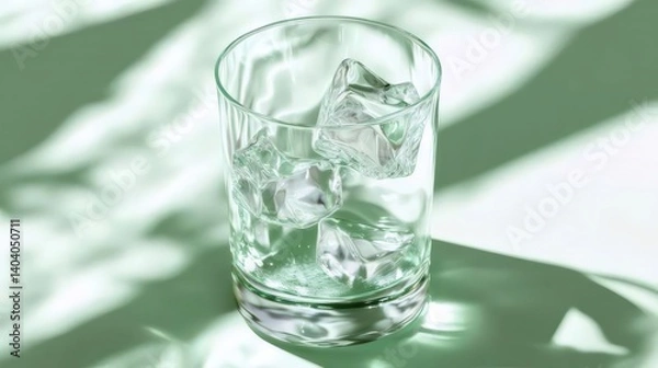 Fototapeta Transparent Glass Filled With Ice Cubes On A Green Surface With Natural Shadows