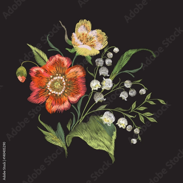 Fototapeta Embroidery colorful trend floral pattern with poppies and lilies of the valley. Vector traditional folk flowers bouquet on black background for design.