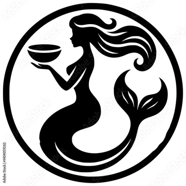 Obraz Mermaid with Bowl Silhouette: A stylized, black and white silhouette of a graceful mermaid with flowing hair, holding a bowl in her hands. Her ethereal presence evokes mystique and wonder.