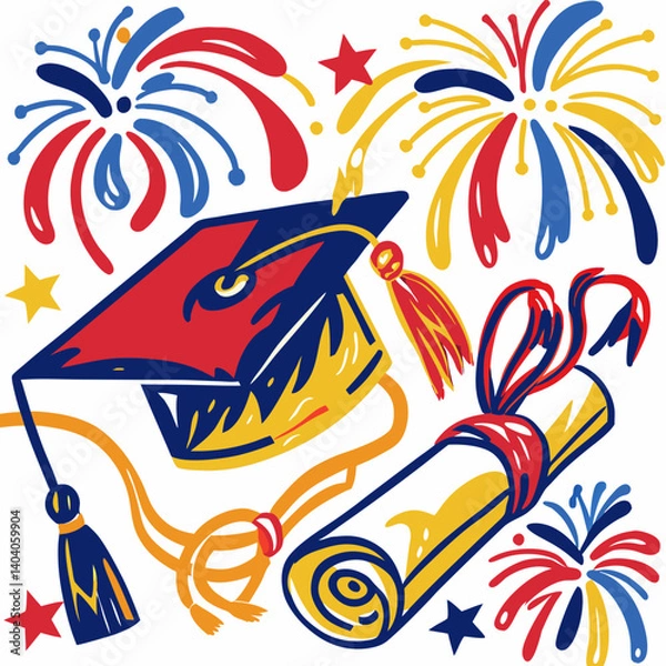 Obraz  Vibrant graduation cap and diploma set against dazzling fireworks, symbolizing academic achievement and celebration