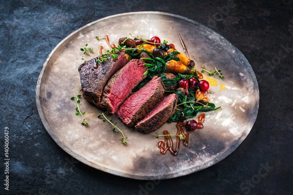 Fototapeta Barbecue dry aged beef steak - roast beef medium english roasted, sliced with wild mushrooms, chetnuts, greens and cranberries