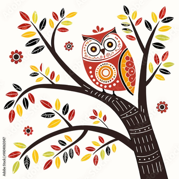 Obraz ​A vibrant Scandinavian folk-style owl adorned with traditional motifs, perched gracefully on a tree branch, symbolizing wisdom and cultural heritage