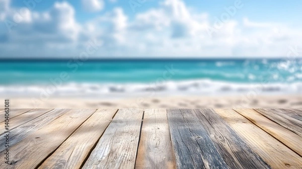 Fototapeta Empty wooden planks with blur beach on background, can be used for product placement, palm leaves on foreground