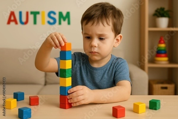 Fototapeta A young child with autism is carefully stacking colorful blocks, demonstrating focus and concentration. Concept of autism rights movement. World Autism Awareness Day