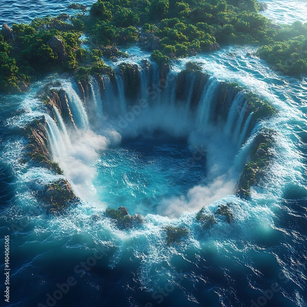 Fototapeta Aerial view of a powerful ocean vortex with swirling water and mist

