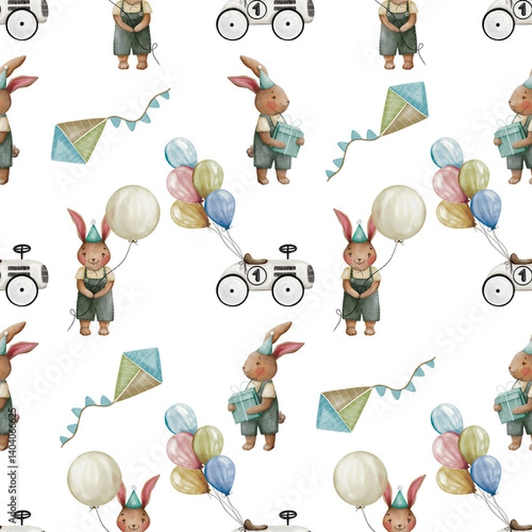 Fototapeta Watercolor cartoon illustration of birthday bunny boy with toy presents seamless pattern on transparent background. Retro style toys, car, kite.