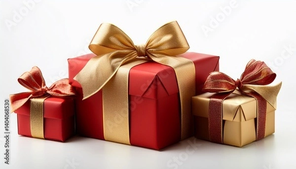 Obraz Red and gold gift boxes with bow isolated on a white background