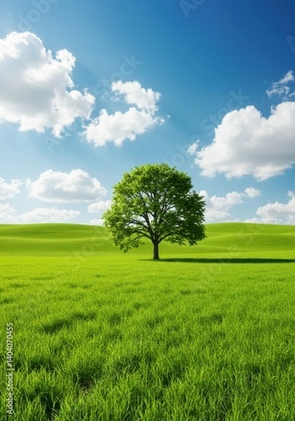 Fototapeta Open natural field with green textures, one tree under cotton-like cloud sky.