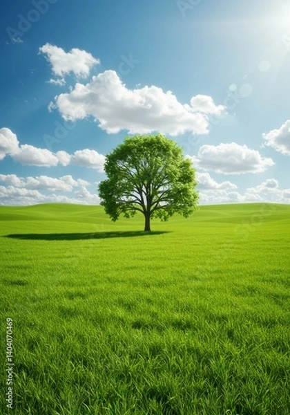 Fototapeta Sunny day in a green field with fluffy clouds and a solitary tree as focal point.