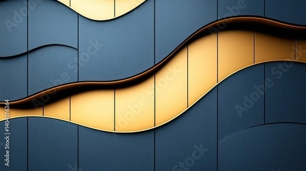 Fototapeta Abstract wavy wall design with golden accents.  Dynamic, modern architectural feature