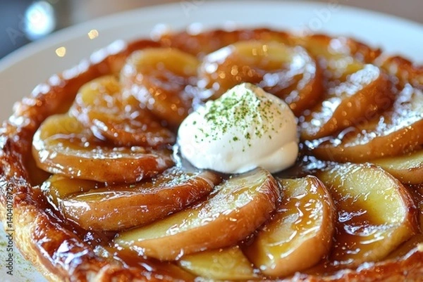 Fototapeta A gourmet tarte tatin with caramelized apple slices atop a crisp, buttery puff pastry base