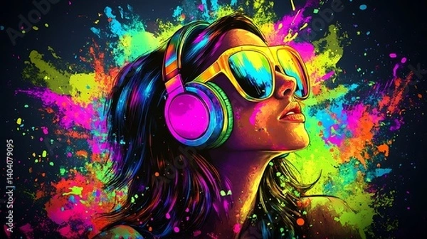 Obraz Woman listens to music, colorful splashes background