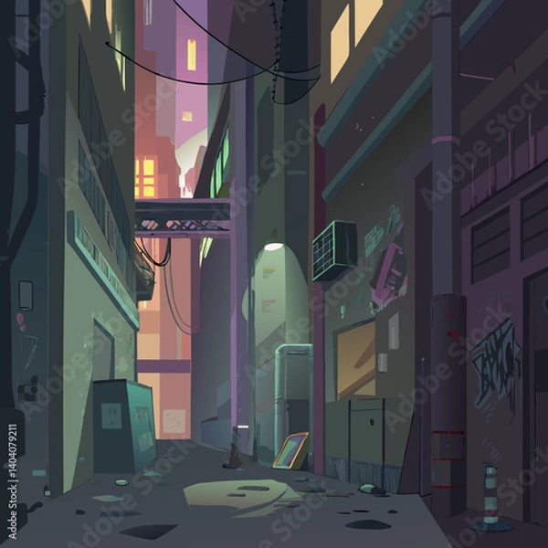 Obraz ​A neon-lit alleyway in a cyberpunk city, featuring graffiti-covered walls and moody lighting