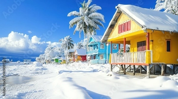 Fototapeta Colorful beach houses covered in snow, palm trees, winter wonderland.