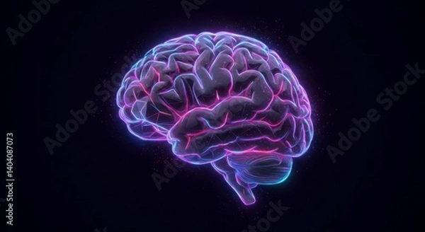Fototapeta Vivid neon illustration of a human brain, glowing with connected neural pathways and active signals