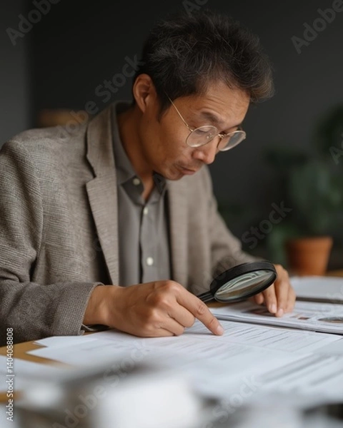 Obraz An Asian male analyst in a grey blazer examines a complex chart closely with a magnifying glass, immersed in data analysis