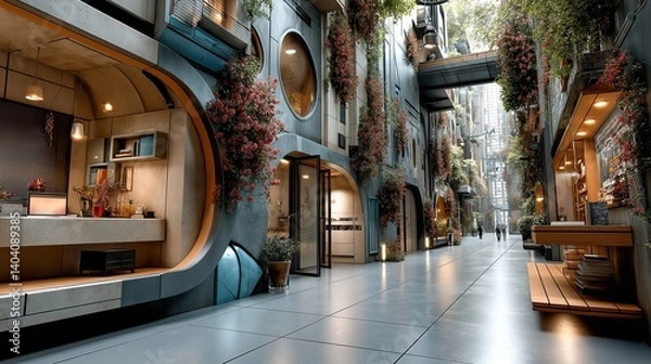Fototapeta Futuristic Urban Street with Modern Architecture and Pink Blossom Spring Trees